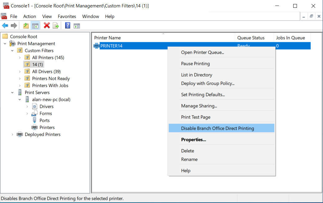 screenshot of Windows Print Management Console showing how to disable Branch Office Direct Printing